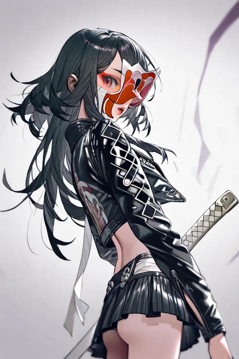 걸작, quality,  very aesthetic , absurdity, A young Onmyoji girl who take off a Japanese hanya mask,long black hair, Oriental Sword, , slim body,  small buttocks ,wearing a black leather jacket and short skirt, The bonus is a black leather accessory, is draw...