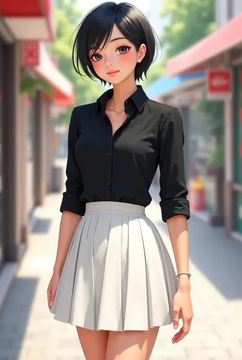 A  wears black shirt white skirt (box pleated - short) show legs