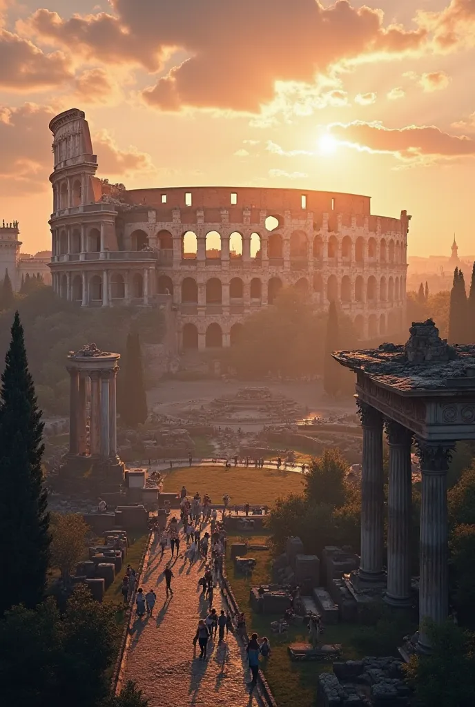 *Timeless Rome** – A stunning view of the Colosseum and Roman Forum at sunrise, symbolizing Rome’s enduring presence.