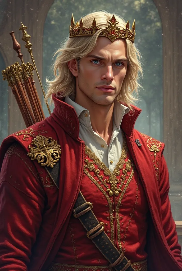 Realistic digital illustration of a very handsome King.  blond hair and blue eyes. Dressed in a red sweater with gold ornaments, With a quiver on my shoulder. She wears a gold crown with red details.