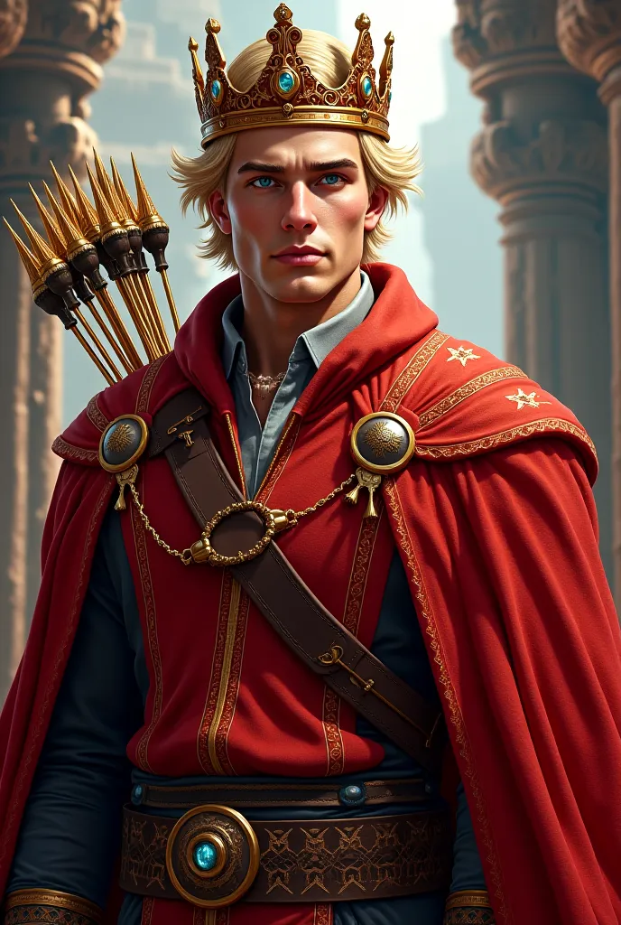 Realistic digital illustration of a very handsome King.  blond hair and blue eyes. Dressed in a red sweater with gold ornaments, With a quiver on my shoulder. She wears a gold crown with red details.