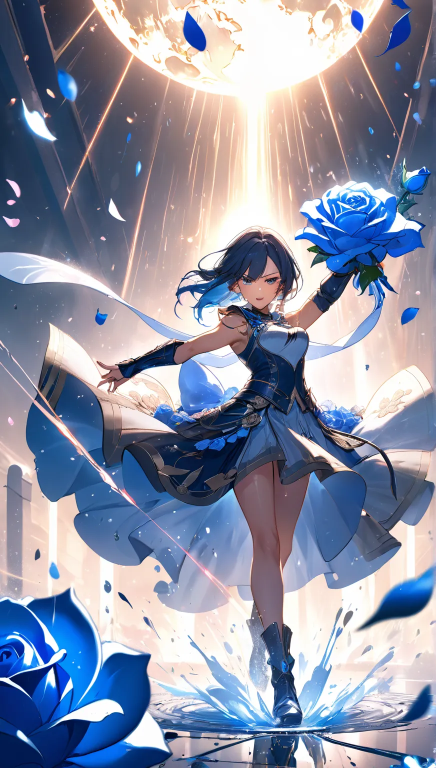 top quality, great quality, 16k, unbelievably ridiculous, very detailed, delicate and dynamic, natural light, particles reflecting light, diffuse reflection of light, 

A powerful warrior unleashing an overwhelming barrage of blue roses, filling the entire...