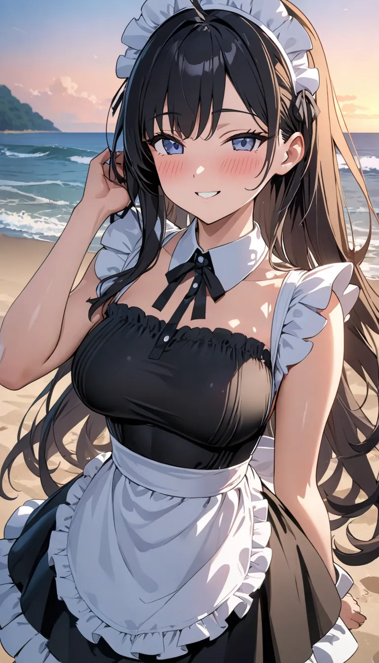 (((best quality, 8k, masterpiece: 1.3)), ((best quality)), ((masterpiece)), ( details), perfect faces, Long black haired maid, She's Looking At Me, smile, Ruffled Apron Swimsuit. She serves in the royal family , High Resolution, textured skin,  anime style...