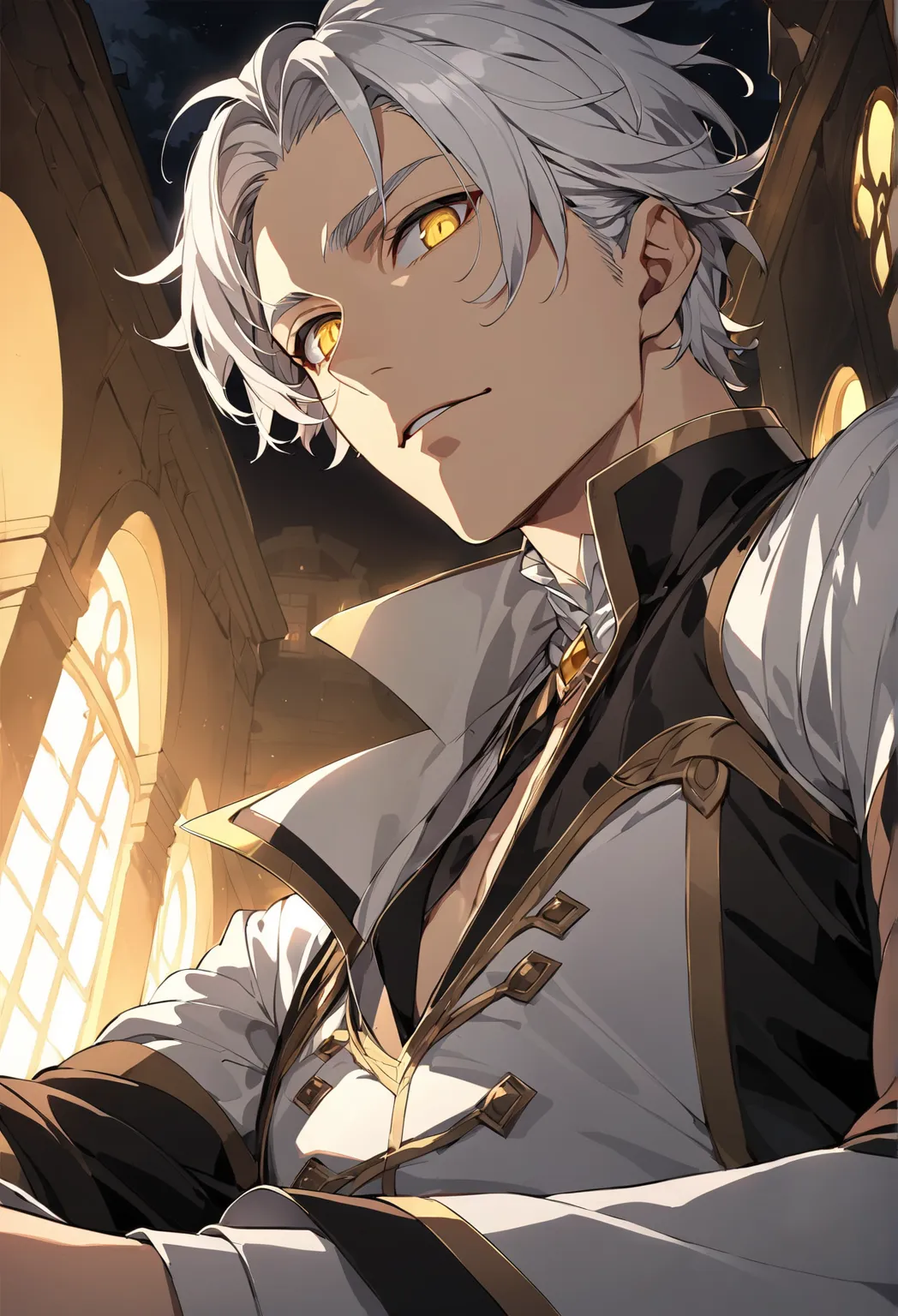 Mature and attractive man,  wide shoulders, male face, albino white hair , short hair, Prince period clothes ( perfect anatomy) dense and short hair, bright yellow eyes, perfect eyes,   detailed,  olhando, , Lying down, view from below, in the dark, all bl...