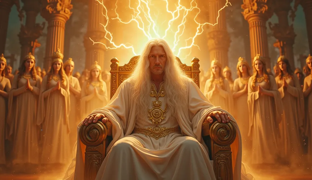 
God, seated on a great throne, a man with long white hair, eyes with a luminous glow, crowned with great power, lightning.,Realistic 4k Aromatic Golden Atmosphere .With thousands of goddesses in heaven.