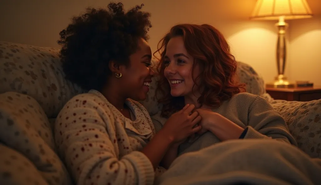 A cozy living room setting in the evening. Ava (warm brown skin, dark curly hair) is curled up on a couch, playfully gazing at Emilia (wavy auburn hair, hazel eyes), who is laughing and holding her hand. A dim, golden light from a nearby lamp adds warmth t...