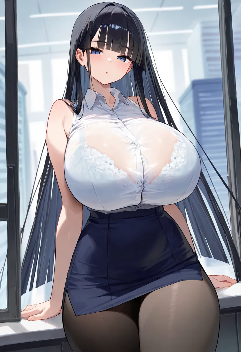 (ultra detailed),  BREAK solo, 1girl, ( Japanese women, Age 40), 
( dress shirt, sleeveless shirt, Black Tight Mini Skirt ,  black pantyhose ,, ,bra visible through clothes ), ( Beautiful Navy Blue Eyes ,  slit eyes ),
( very big breasts, Big Breasts,  hug...