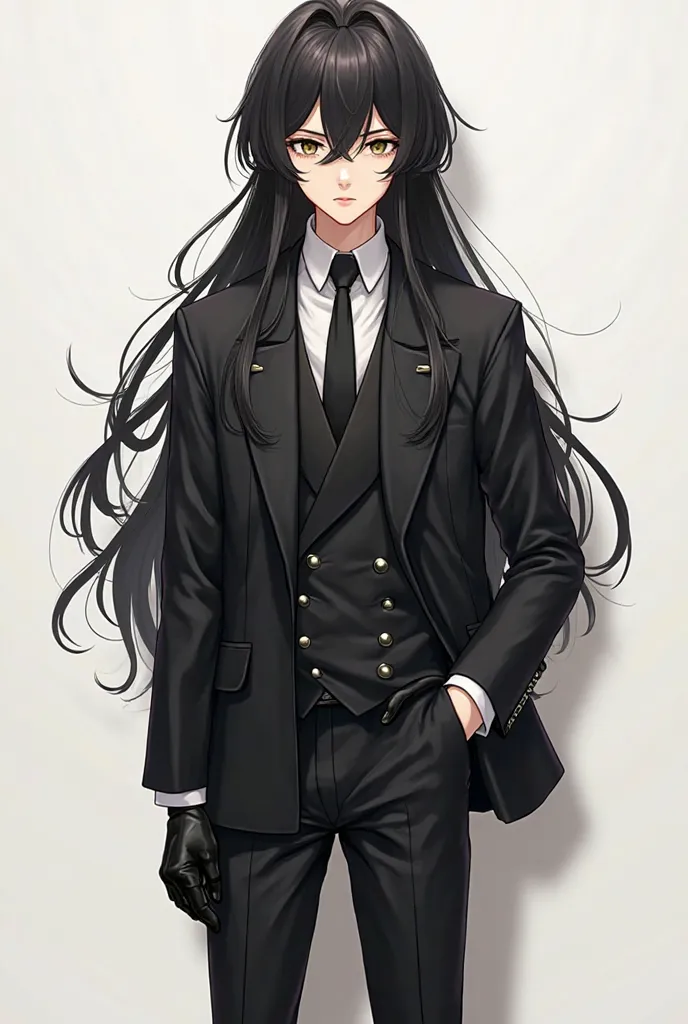  Anime Tween boy with VERY Long Flowing Black Hair wearing a Baggy Long Sleeved Double Breasted Black Suit and Tie with White Dress Shirt. With Black Leather gloved hands