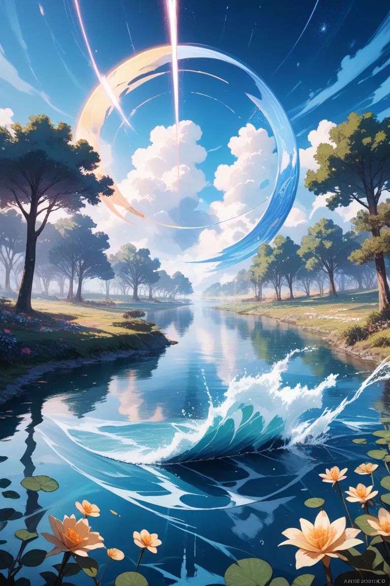 ((Light Blue and White Tones))，Special Fog Effect Halo，Elevated Perspective ，masterpiece，top quality， Extremely Intricate and Elaborate Details ，Fantasy Surreal， cosmic energy ，Sense of Space and Time，Extremely Spectacular、Breathtaking Visual Scenes，Trees ...