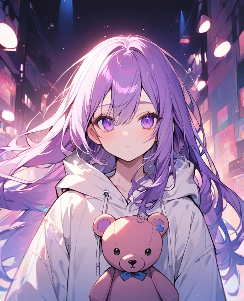 Alone、Purple Hair、TIP PINK HIGHLIGHTS、purple eyes、About 、girls、white hoodie、I have a teddy bear、upper body、LONG LEHAIR