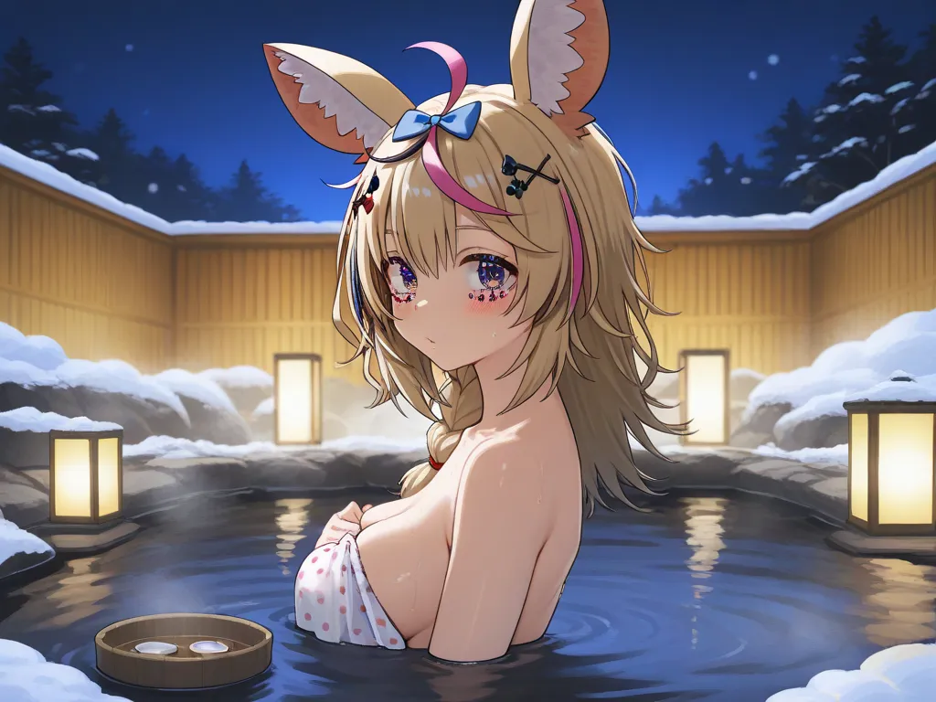 high quality,4K,8k, ultra-fine in 8K,HDR,UHD,Ultra Fine Art,sharp focus,physically-based rendering,Super Detail,Professional,Vivid Colors,Bokeh,night,snow,outdoor bath,polka dot/Hololive, Omaru Polka,gentle face,standing,clear skin,naked,sweat,Cover your b...