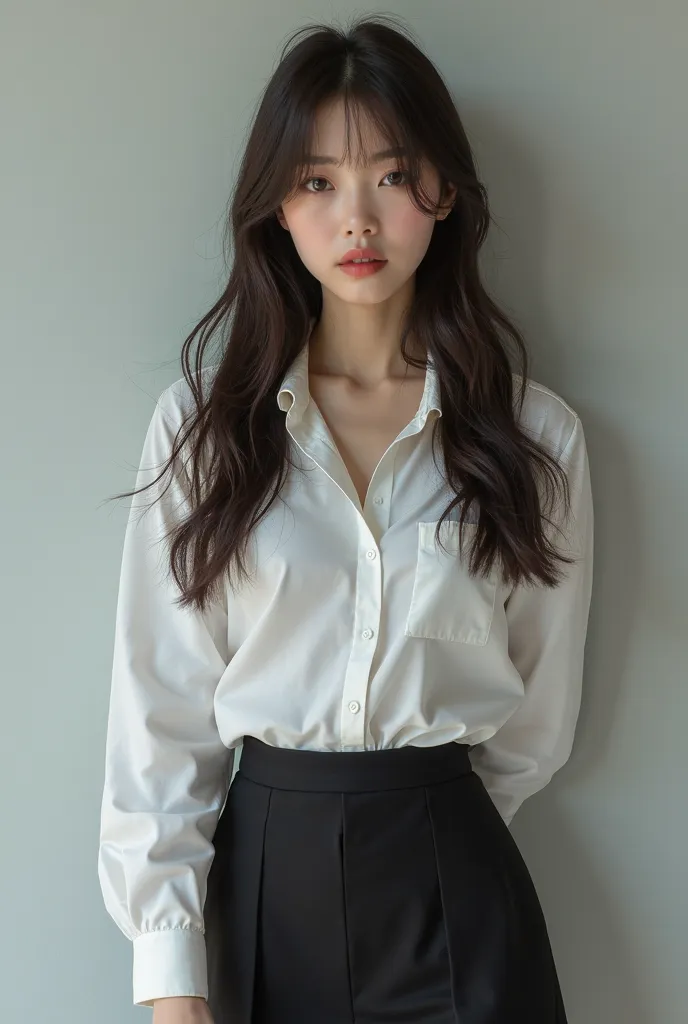 A realistic kpop girl in dark brown long straight hair wearing a black skirt with white in shirt. Eye colour black in plain background. 