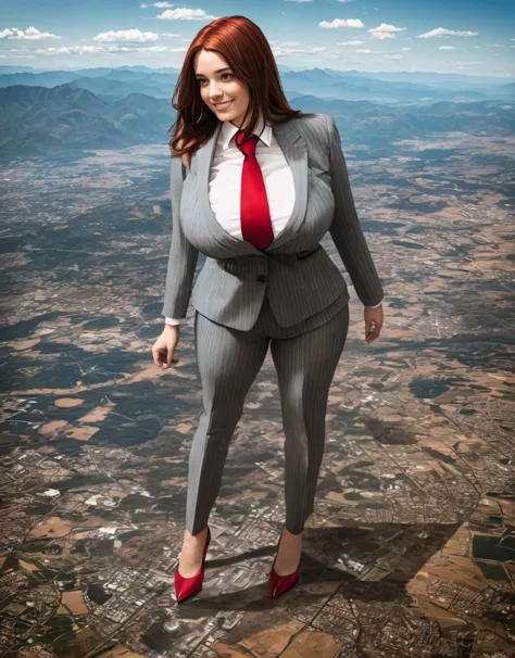 100 km tall giga giantic, curvy bbw women with a beautiful smile, bigger than a giant city, curvaceous figure, massive beast, and very long bright vivid red hair, hair length reaching knees, with a curvaceous hourglass figure and massive natural breasts. w...