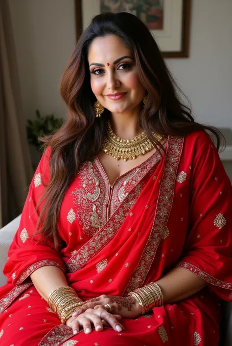 


 ((32K, top-quality:1.5, masterpiece, A high resolution, Photorealsitic)), A beautiful plus size Pakistan's ,35 years old , SINDOOR, Mangalsutra, bindi and light lips woman wearing red bridal lehenga, henna (mehndi) in both hands
Sitting on a chair at h...