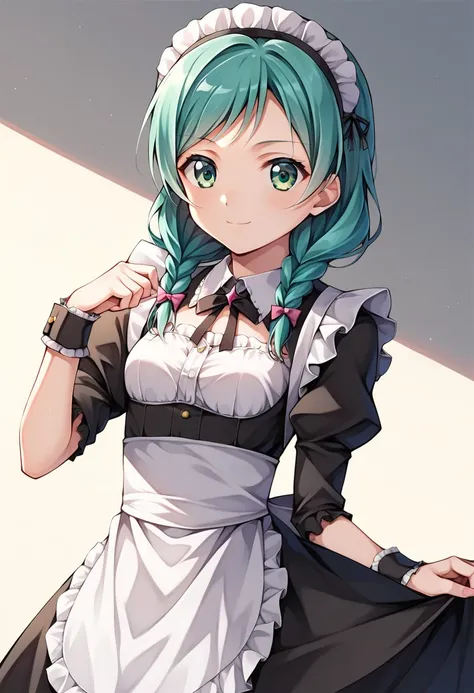 cute, kawaii, 2000s anime, moe anime, 2000s anime style, moe anime style, 1girl, solo, bang dream!, hikawa hina, aqua hair, green eyes, tsurime, side braids, maid dress, frills, maid headdress, (SuperQuality)