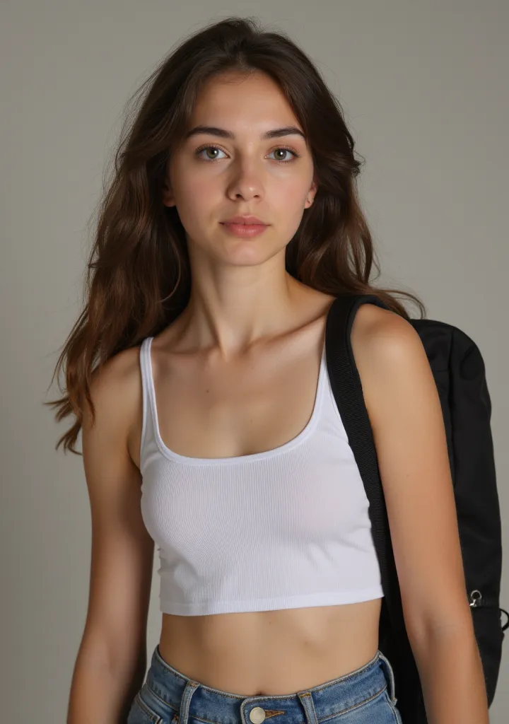 her very beautiful girl with a crop top, And a school bag. She has very nice hair, European, Aged 19. She's in front of the camera. She has a little makeup that makes her very beautiful. She is perfect, in crop top