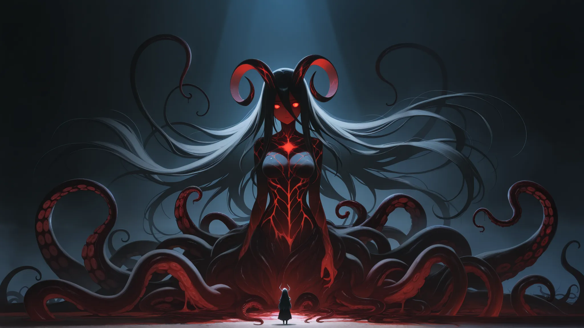 masterpiece, best quality, amazing quality, anime screencap, focus female, monster, eldritch, ultra-fine painting, dramatic lighting, dark fantasy, ethereal, glowing eyes, porcelain skin, flowing hair, haunting expression, twisted horns, eldritch tentacles...