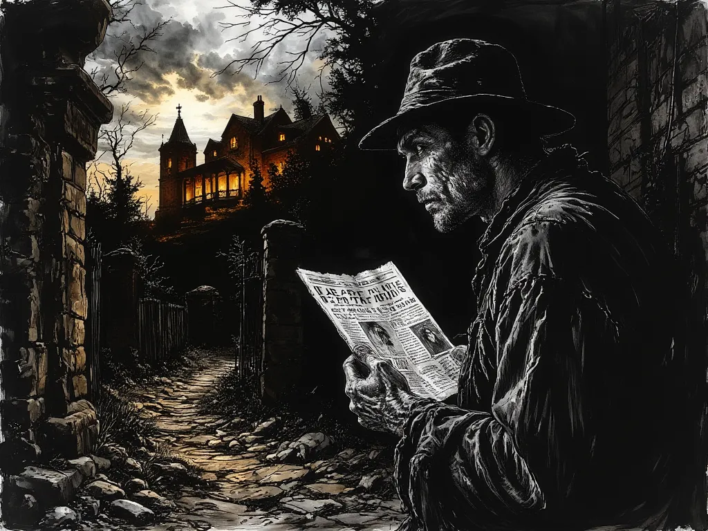 "A narrow, grimy alley where a man in tattered clothes and a fedora hat glares at a grand mansion on the hill, glowing under warm golden lights. In his clenched hand, he grips a torn newspaper featuring a story on the Lindberghs' glamorous life. His eyes b...