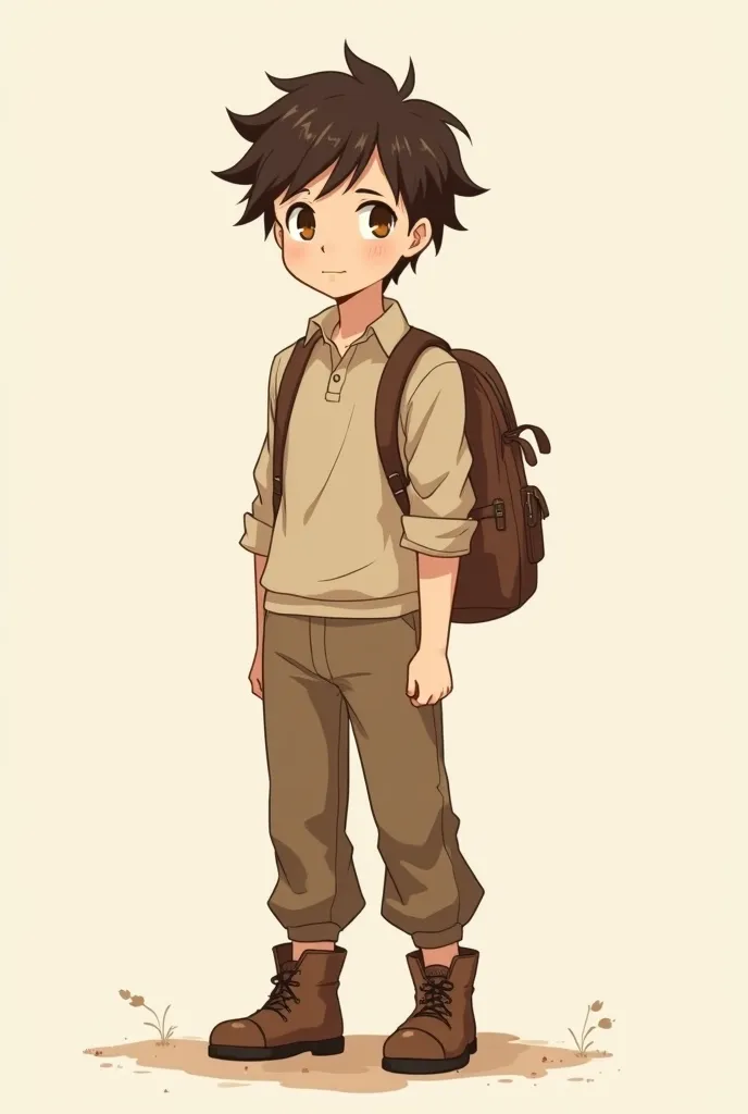 Anime boy with brown hair and brown clothes, brown backpack