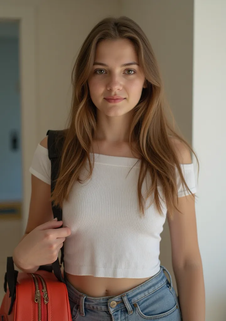 Very beautiful girl with a crop top, And a school bag. She has very nice hair, European, Aged 19. She's in front of the camera. She has a little makeup that makes her very beautiful. She is perfect, in crop top