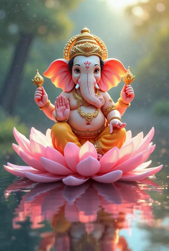 A beautiful animation of Lord Ganesha sitting on a lotus, with his elephant head and a serene smile.]