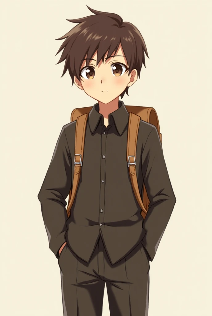 Anime boy with brown hair and dark brown clothes and a brown backpack