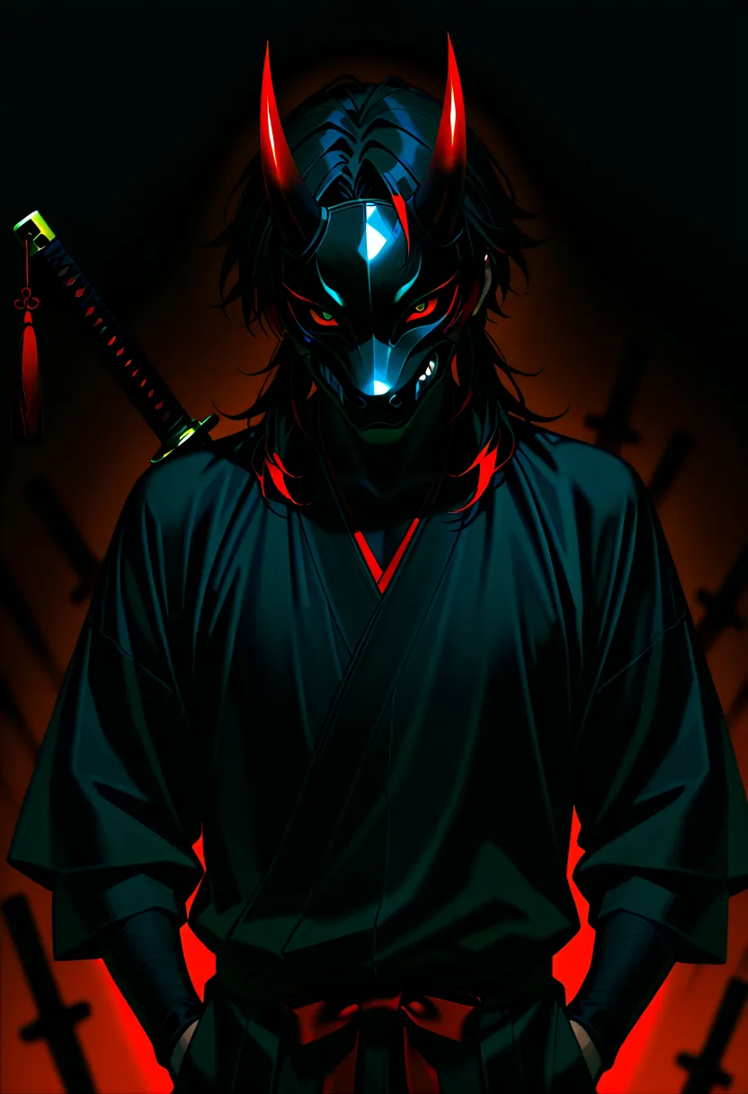 1 male, black hair with red highlights, red eyes, short red oni horns with dark red tips, wearing a black canine mask covering his mouth, good looking, wearing black clothes, black katana.