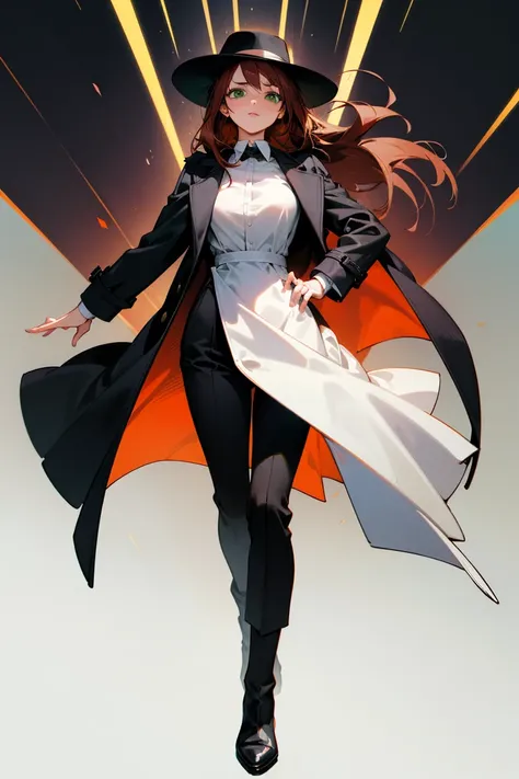 1 woman, thirty years old, auburn hair, green eyes, medium breasts, tall, black trilby, black trench coat, white dress shirt, black slacks, black ankle boots, full body, masterpiece quality 