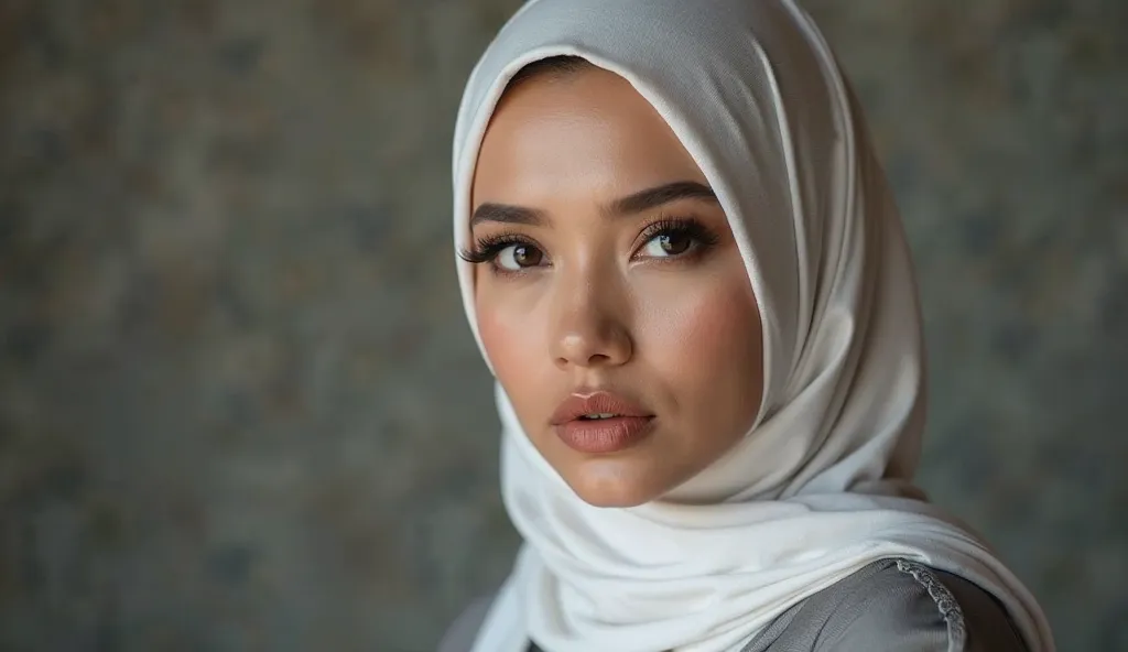 a beautyful face mature sexy, big boobs, women looking to camera angle.  hot sexy mature women, malaysian face, sexy lips, bold eyebows, huge breasts, big boobs, white skin, curvy body, perfect beauty body, slim belly, big hips, wearing a white hijab tight...