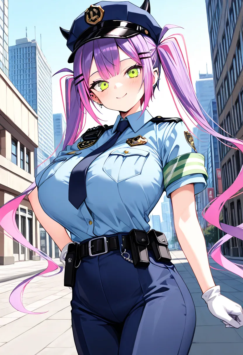 (Top Quality , 8k , masterpiece , incredibly absurdres , perfect body , super detailed skin , highly detailed eyes and face , 1 woman ) , tokoyami towa , purple Hair , Green eyes , smile ,  will be happy , ( police uniform , city : 1.2 ) , ( huge breasts )