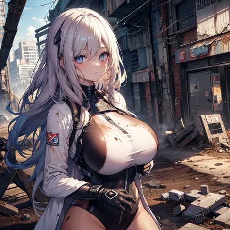 virtual sexy girl, Post-apocalyptic, End of the World, android girl, Heterochromatic eyes, Odd eyes, Barcode, LUCIA-09, bodysuit, (((super big breasts))), machine hair, bare hands, (((Dirt-colored hair)))