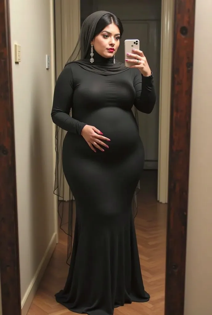 Fair skin 40 year pakistani voluptuous kim Kardashian saggy busty booty slim thick curvy flaunts curves in extremely skintight full sleeves full muslimah dress. Head covered shoulder draped by long sheer scarf. Extremely long earrings. High heels. Taking m...