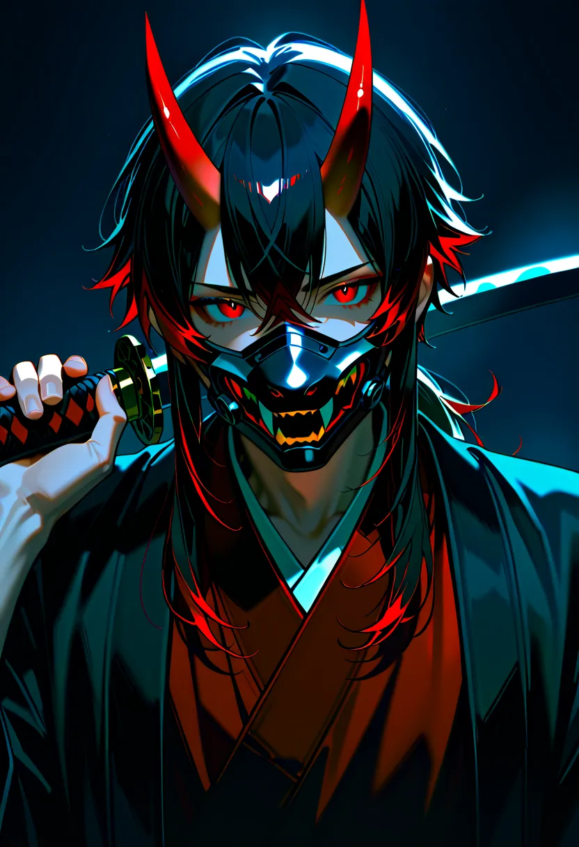 1 male, black hair with red highlights, red eyes, short red oni horns with dark red tips, wearing a black canine mask covering his mouth, good looking, wearing black clothes, black katana.