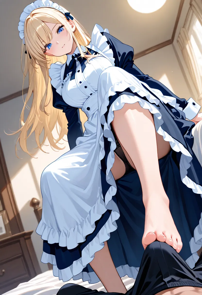 beautiful long blonde　Girl in maid outfit 　 blue eye　　 Long Sleeve　long skirt　black panties　throw_footjob　　 1girl 　1boy 　low angle　sits on the bed