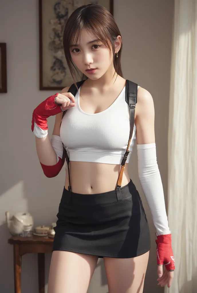 1girl,bangs, su----per cute, lady , masterpiece, very attractive body , G-cup, realistic , nsfw,(shirt lift:1.3), (clothes lift:1.3), (underboob:1.3),nipples, (white crop top elbow pad red fingerless gloves suspenders black pencil skirt white panties:1.3)