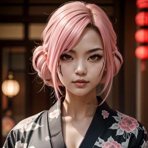 yakuza woman, Sukuna Jujutsu Kaizen , has pink hair,  Japanese Yakuza tattoos on her face and other parts of her body like black lines,  wears a black and white kimono , The woman has red eyes, well stylized body, Legendary kimono 