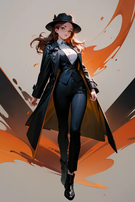 1 woman, thirty years old, auburn hair, green eyes, medium breasts, tall, black trilby, black trench coat, white dress shirt, black pants, black ankle boots, full body, masterpiece quality 