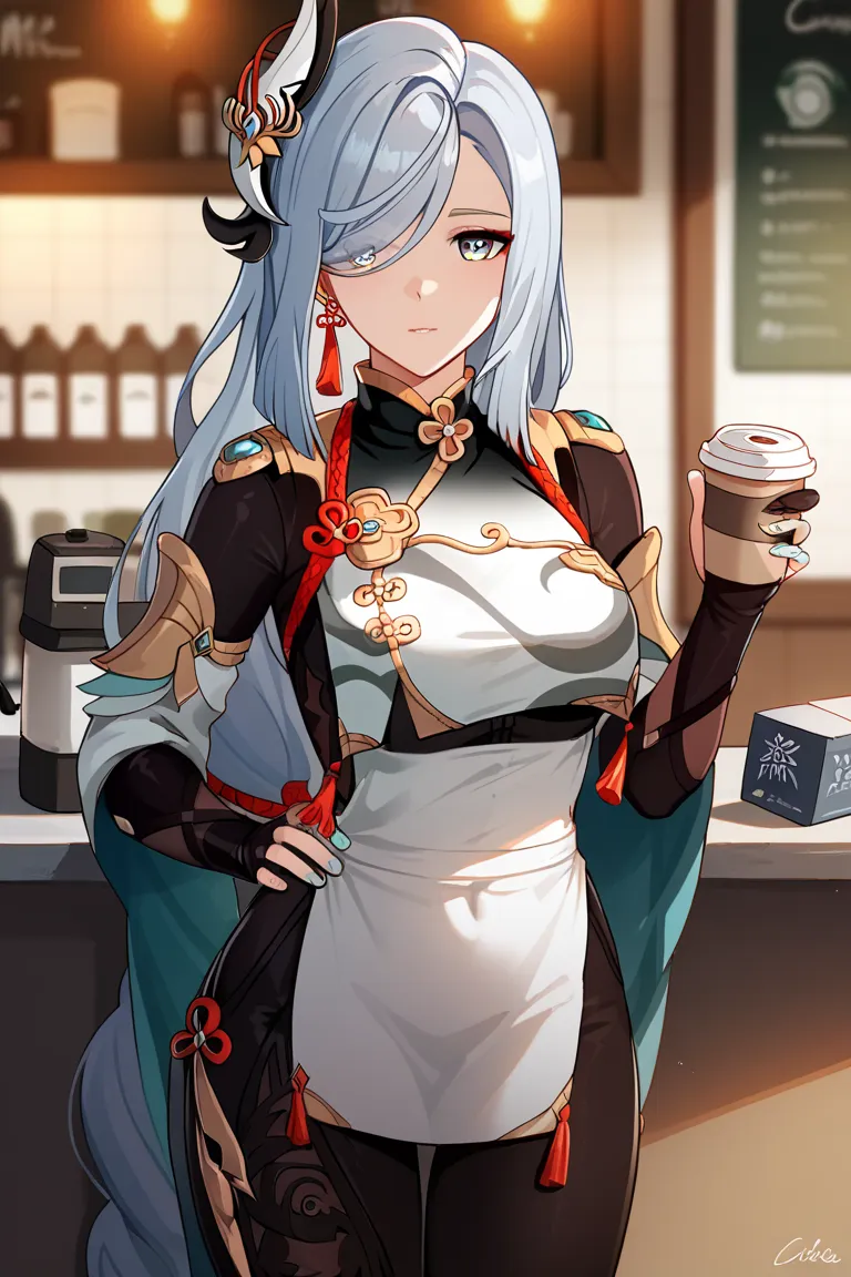 check_9, check_8_ upwards, check_7_ upwards,  eastnik_anime, 1girl, One, cowboy shot, standing, shiny skin, close- upwards, Shenhe _genshin, BLUE EYES, hair per eye, Very long hair, hair ornament, hair, tassel, white hair, haired ponytail,  earrings, tasse...