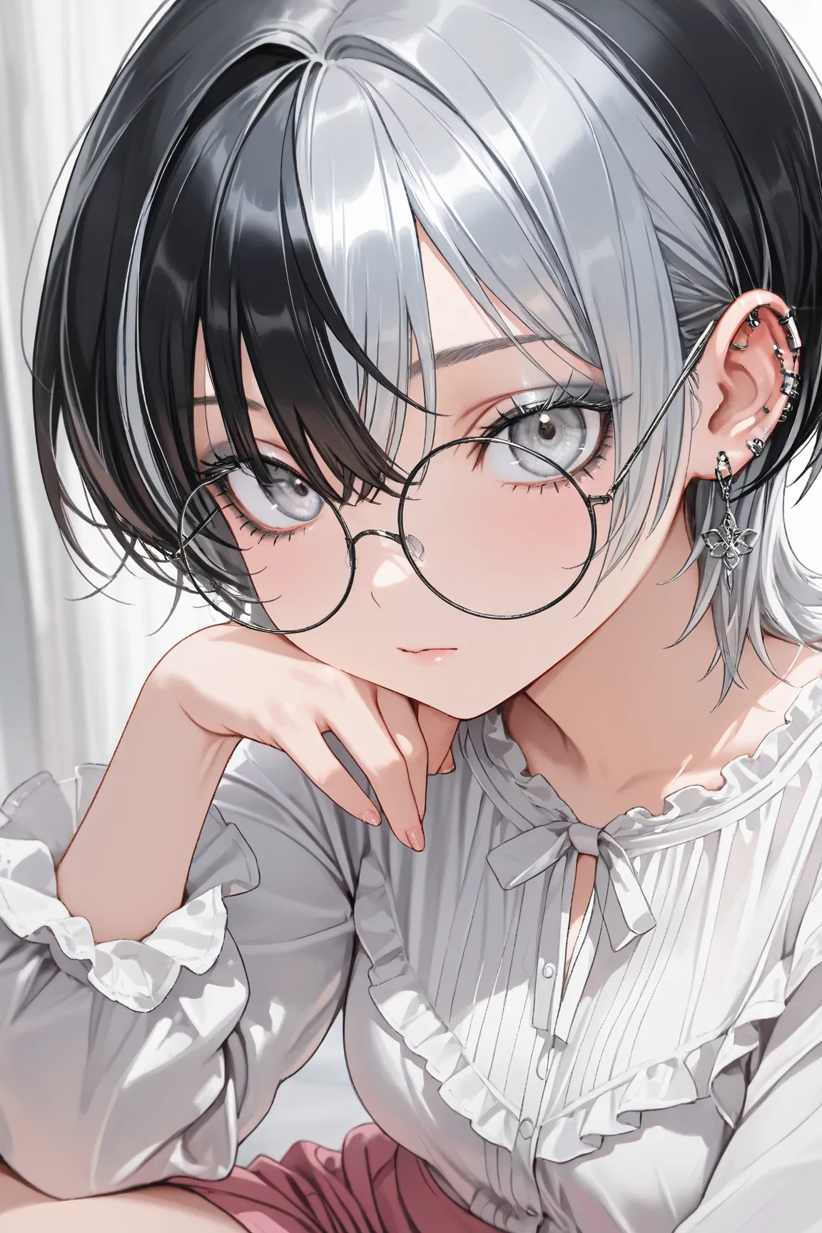   masterpiece, top quality, best image quality,  earrings all over the ear,  lots of piercings, ((One Girl)), ((Black hair on the left)), ((Silver hair on the right)), wolf cut hair, short hair, bungs, ((Silver Eyes)),  beautiful eyes, beautiful eyes, ligh...