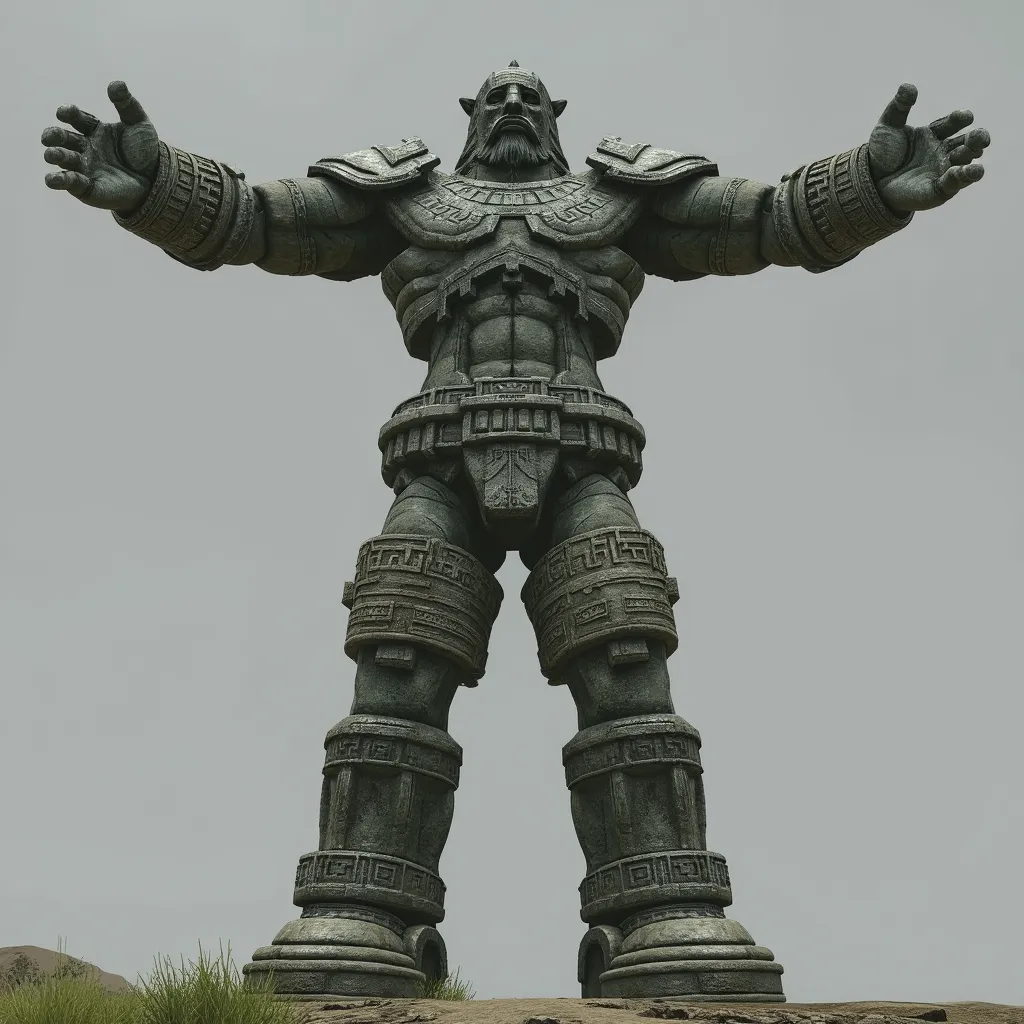 Colossus with two arms spread apart two legs in T-Pose gray background