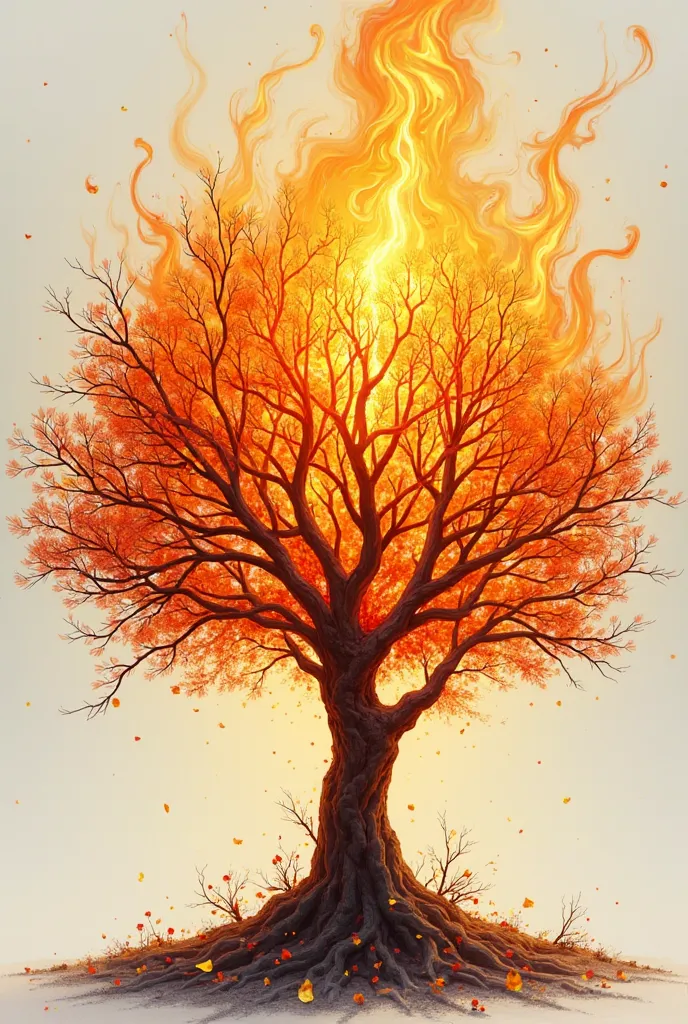 An artistic illustration of the burning bush described in the Bible. The shrub is shrouded in vibrant orange and gold flames, but remains intact, without being consumed.  The style of the drawing is detailed , with soft lines and a touch of concept art, pn...