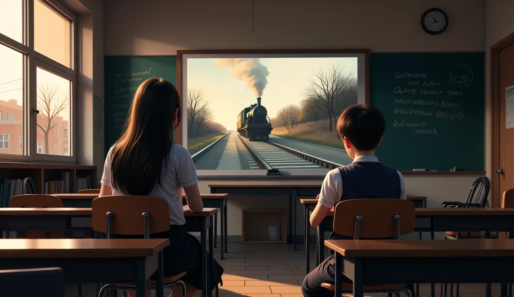 A quaint and emotional scene, a cinematic depiction style, a shadowy art style, dusk is approaching an old elementary school, and the ren and a female teacher are looking at a beautiful view that appears on the blackboard in a classroom where the orange su...