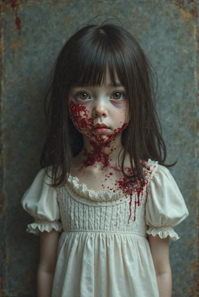 A small girl with straight, dark brown hair, wearing a white lolita dress. Blood flow from the top of her head, a papart of her brain is exposed. She lost an eye