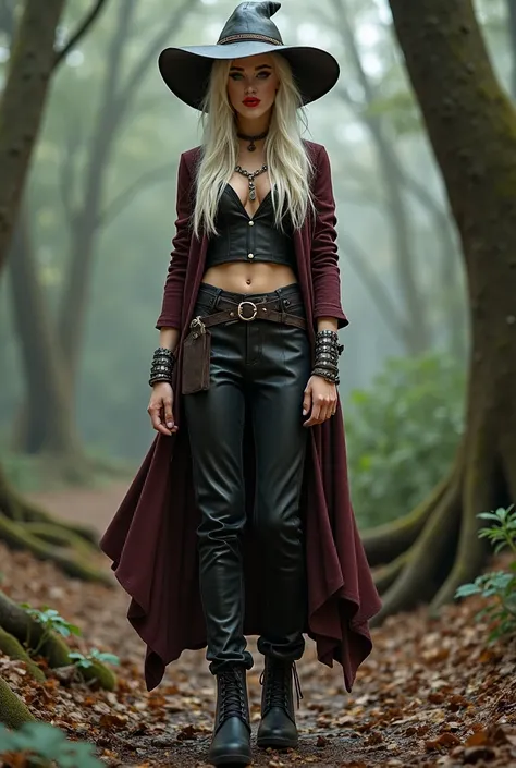 Seraphina Nightshade She is a witch who wears leather clothes, mainly cropped pants. Shorts and short leather blouse have long platinum blonde hair her eyes are brown 18-year-old girl she is very modern and wears high-top boots she is modern she has a witc...