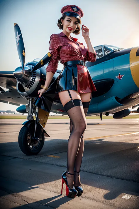 (rearview: 1.2), ((full supermodel body)). Digital illustration of a glamorous young woman from the U.S. Air Force posed in a classic pinup style on an airport tarmac. She’s perched playfully on the wing of a vintage fighter plane, wearing a fitted blue Ai...