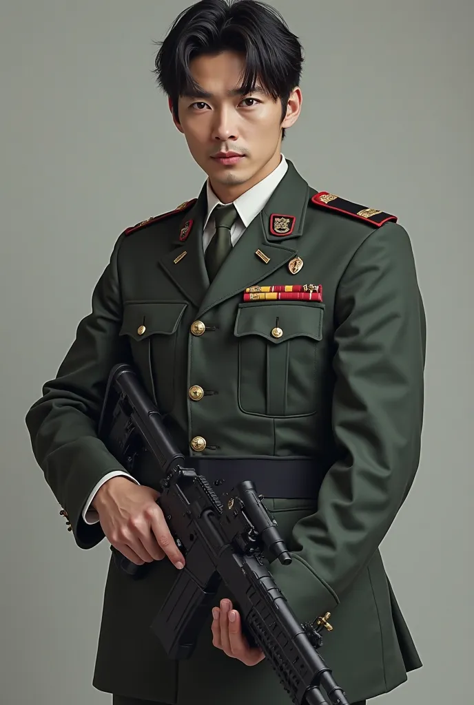 Create a picture of a man, 32 years old, tall, thin, muscular body, dark brown to black hair, white skin, handsome face in the style of a Japan gentleman, wearing a Japanese military uniform,  Holding a cool military gun without looking at the camera. 