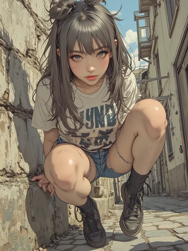  Japanese woman wearing a crunchy pop t-shirt、ripped denim hotpants、jump、

Smooth and dark image,    Anime Girl, 現実の  Anime Girl, Bopp Illustration、
(On the Street:1.5)、

big breasts、 thick thighs、provocative pose to turn your butt、  blue eyes,  dark makeu...