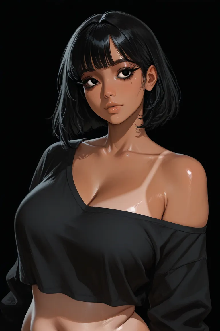 high quality, 8K Ultra HD, A woman with a long wavyblack hair, black color eyes, plump lips, sexy body, smooth skin, small waist, long eyelashes, beautiful face, tan skin tone, thin almond eyes, wearing a black loose shirt