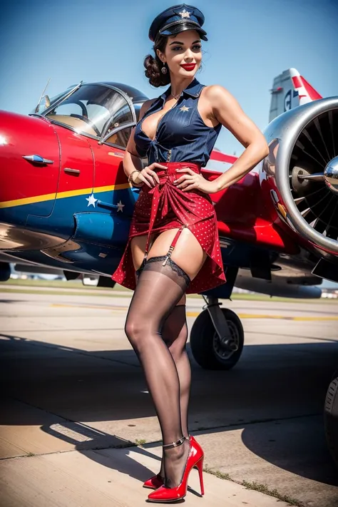 (rearview: 1.2), ((full supermodel body)). Digital illustration of a glamorous young woman from the U.S. Air Force posed in a classic pinup style on an airport tarmac. She’s perched playfully on the wing of a vintage fighter plane, wearing a fitted blue Ai...