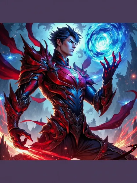 An epic image in the style art featuring animated manhwa style fierce young man with imperial atmosphere in mystical designed streamlined body-con black armor, short black hair. his hands is manipulating vibrant blue elemental magic. Blue ethereal aura swi...